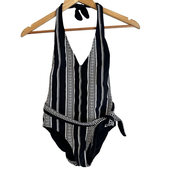 Lemlem Luchia Black with White Embroidery Belted Deep V One Piece Swimsuit - Picture 5 of 10